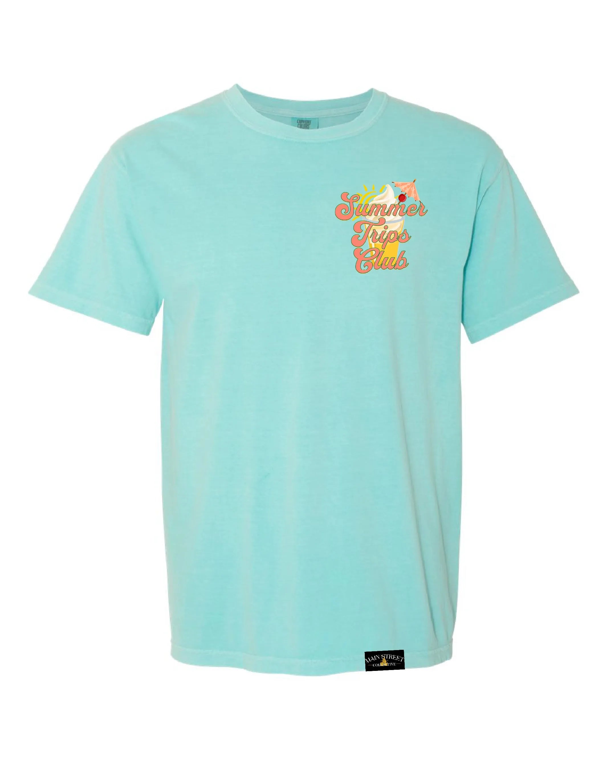 Light blue t-shirt with 'Summer Trips Club' text and tropical soft serve graphic.